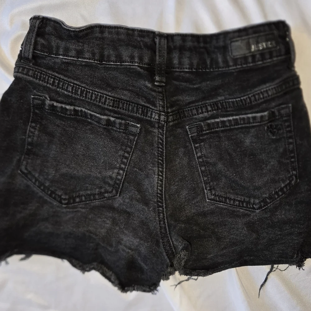 Justice Black Cut Off Denim Shorts with Embroidered Peace, Smiley Face And Daisy